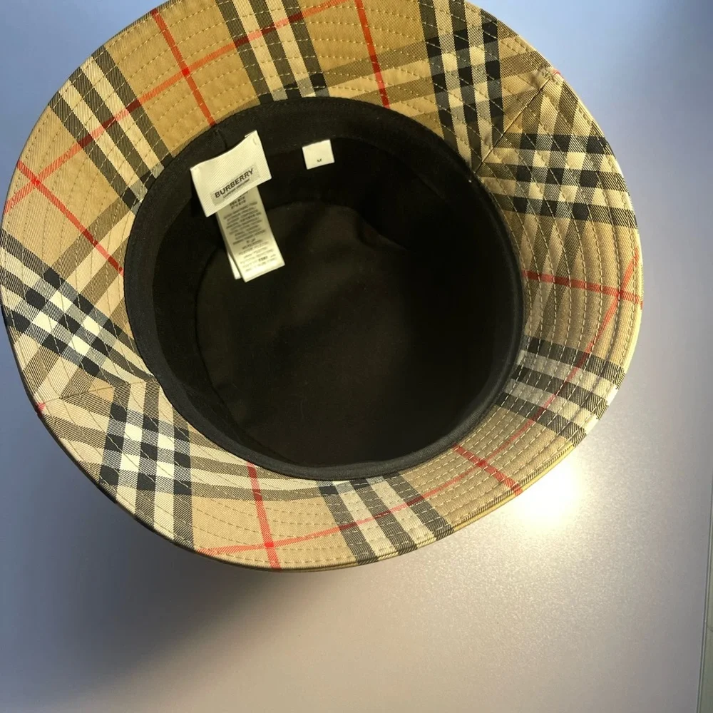 Burberry Beige Nova Check Bucket Hat with Black & Red Stripes - Picture 3 of 3